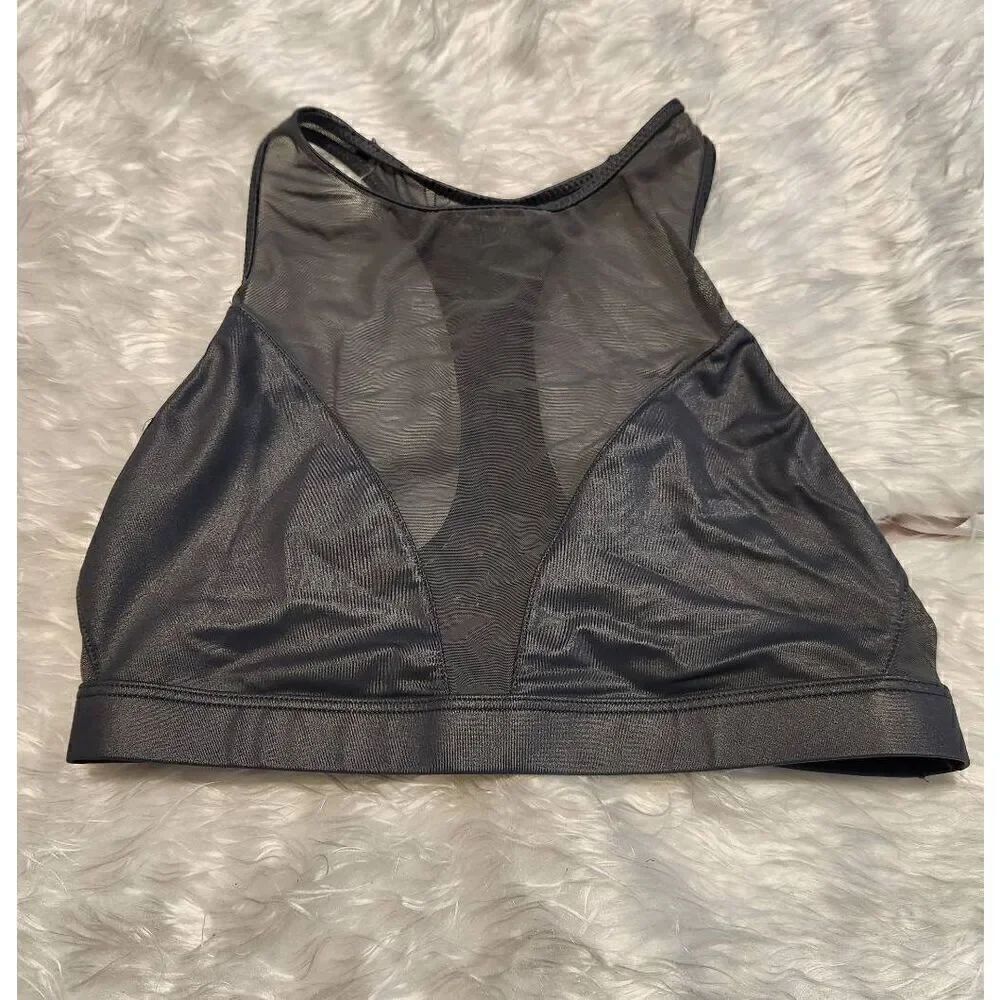 Victoria Secret Sport Bra XS GREY Wet Look High Neck, raserback Unlined Wireles